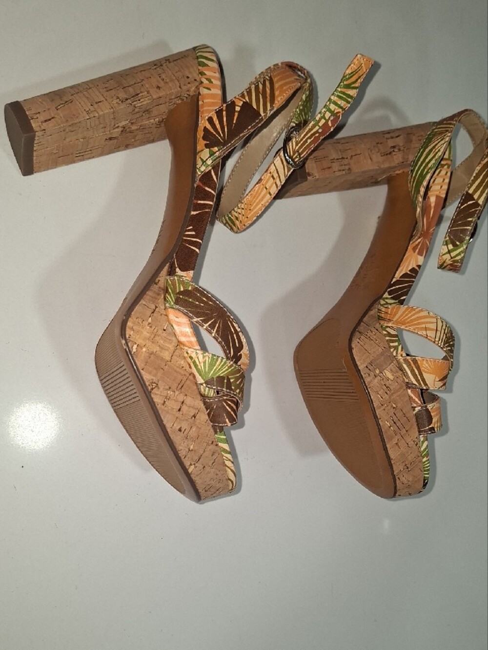 Naturalizer Brown and Green Tropical Print Ankle-Strap High Heels